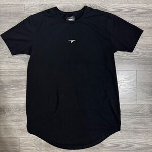 Alpha Mens Black Gym T-Shirt Large Short Sleeve Curved‎ Drop Hem Stretch Cotton